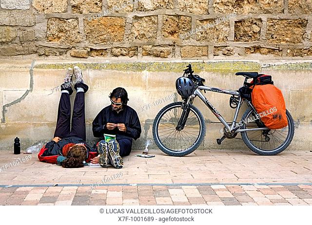 pilgrims resting  Belorado  Burgos province Spain  Camino de Santiago