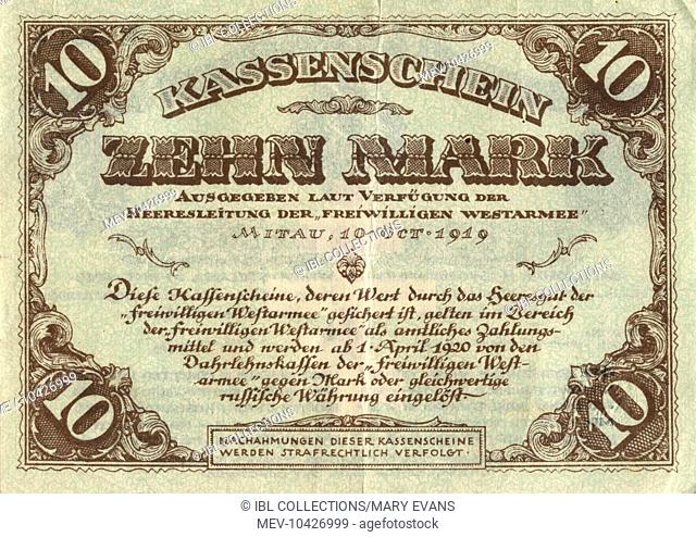 Remittance on 10 mark edited for the voluntary allied army in Mitau 10/10 1919 Front. The text on the backside is in Russian