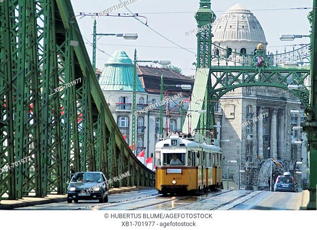 Hungary, Budapest, the Freedom-Bridge, built in 1894-1899 by János Feketeházy, tram