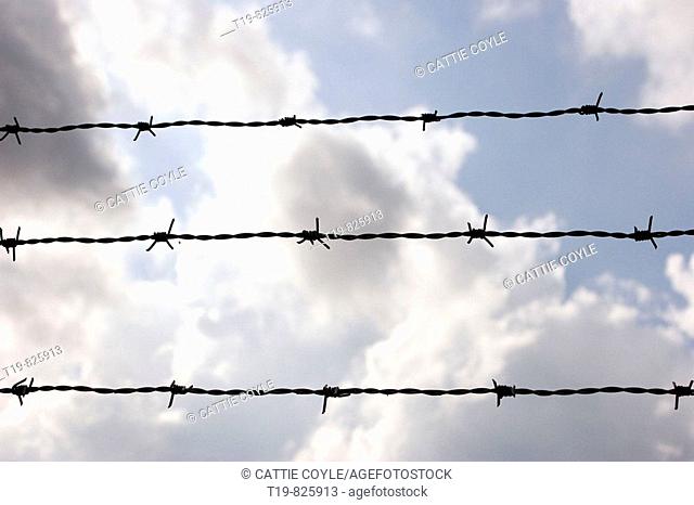 Barbed wire and storm clouds