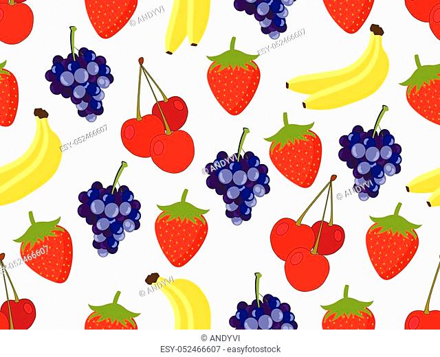 Set of seamless pattern with fruit. Pattern of bananas, cherries, strawberries and grapes. Vector background