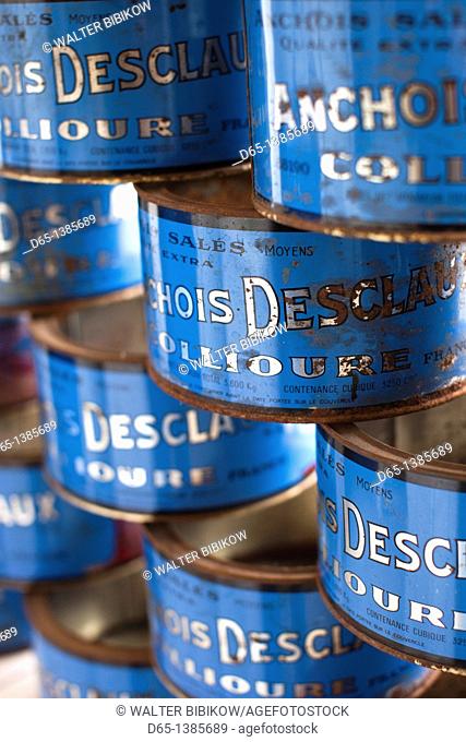 France, Languedoc-Roussillon, Pyrennes-Orientales Department, Vermillion Coast Area, Collioure, old anchovy cans