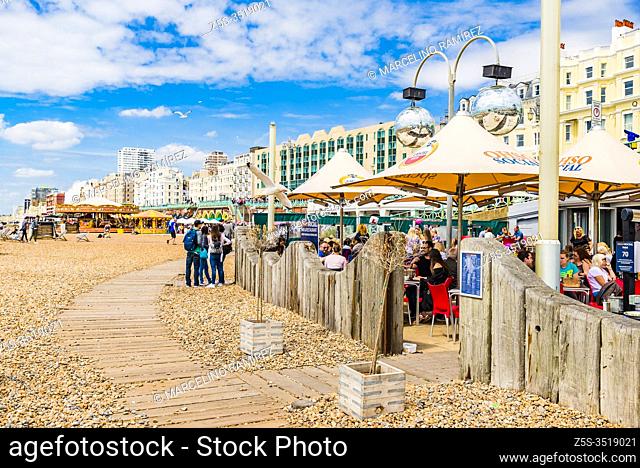Seafront restaurant on the beach at Brighton, East Sussex, England, United Kingdom, Europe