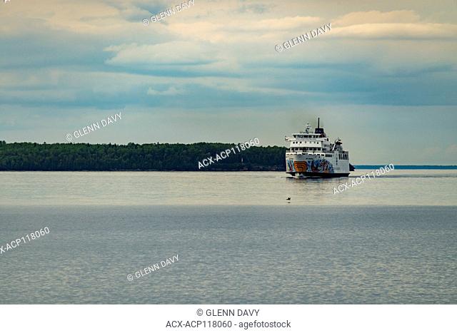 Chi-Cheemun Ferry approaching Tobermory from South Baymouth, Tobermory, Ontario, Canada