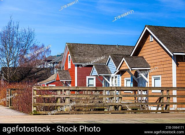Colourful wooden houses at the heritage Britannia Ship Yard site in Steveston British Columbia Canada