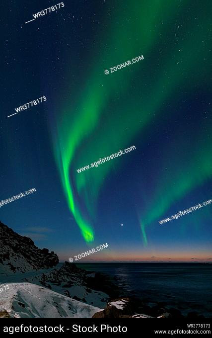 Spectacular dancing green strong northern lights over the famous round boulder beach near Uttakleiv on the Lofoten islands in Norway on clear winter night with...