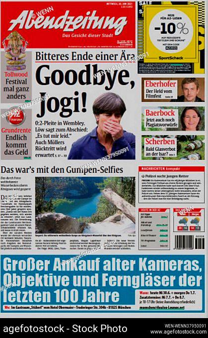 Front Cover: Abendzeitung München 30th June 2021 German national newspaper front covers covering the England win over Germany in the Euro 2020 championships and...