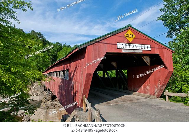 Old historic red old Covered Bridge in Taftsville Vermont