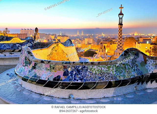 Parc Güell. Garden complex with architectural elements situated on the hill of el Carmel. Designed by the Catalan architect Antoni Gaudí and built in the years...