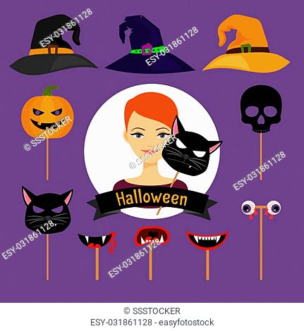 Halloween party fashion girl vector items. Magic hat, black cat, pumpkin and skull masks for halloween holiday design