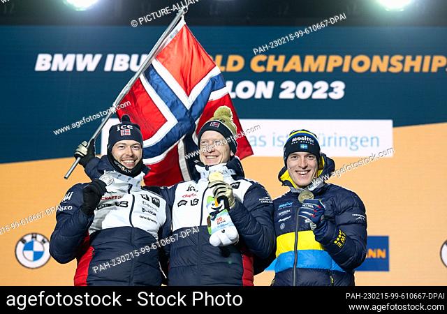 15 February 2023, Thuringia, Oberhof: Biathlon: World Championship, Individual 20 km, Men, Medal Ceremony. The runner-up