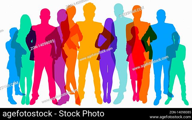 Bunte einfarbige Silhouetten vieler verschiedener Leute als Bevölkerung und Team Konzept