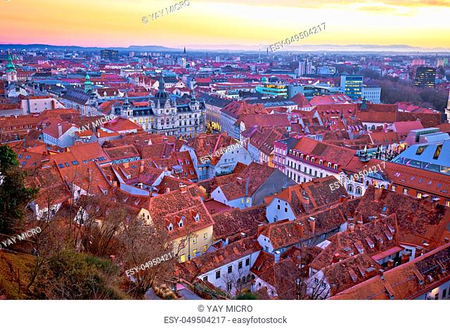 Amazing Graz cityscape red rooftops sundown view, Styria region of Austria