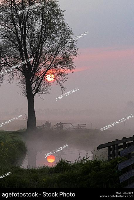 Impressions of a spring hike at sunrise and fog in South Holland in the Alblasserwaard Vijfheerenlanden region near Kinderdijk: the rising sun is reflected in...
