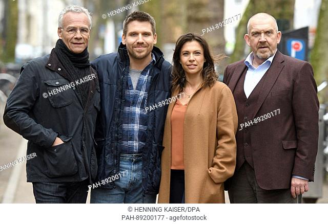 The actors Klaus J. Behrendt (playing Max Ballauf, L-R), Jana Pallaske, Hanno Koffler and Dietmar Baer (playing Freddy Schenk) can be seen during a photo call...