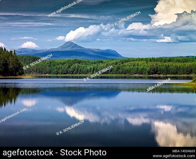 europe, sweden, dalarna, autumn mood at a forest lake, idre, nature reserve städjan-nipfjället, view over the österdalelven river to the summit of the städjan