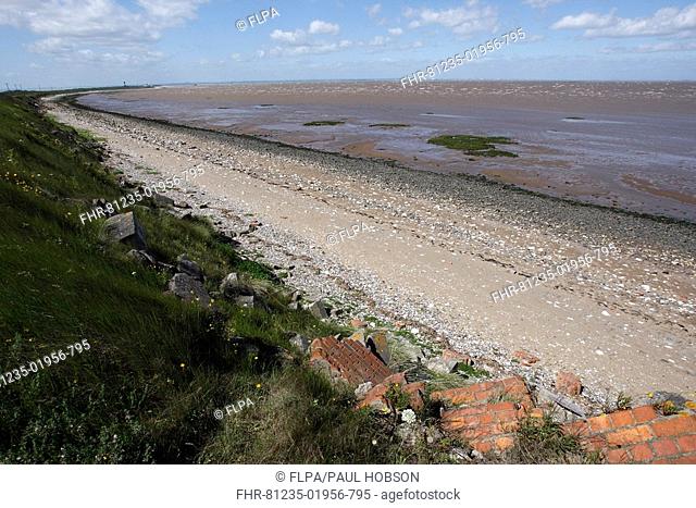 Brick rubble on beach of coastal spit, Spurn Point, Yorkshire, England