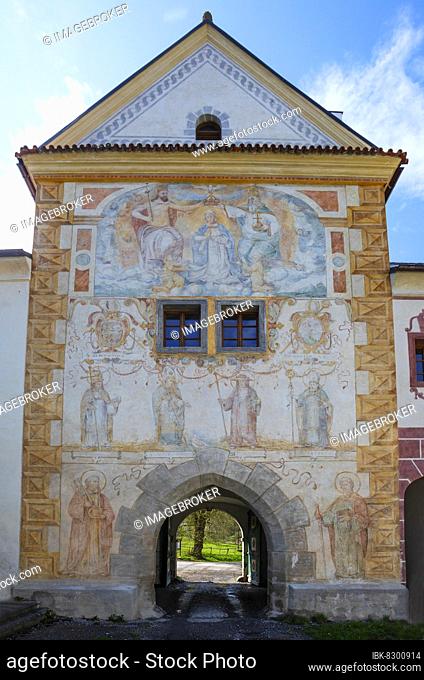 Main gate with frescoes, Cistercian Abbey Vyšší Brod, Vyssi Brod, Hohenfurth, Šumava, South Bohemia, Bohemia, Czech Republic, Europe
