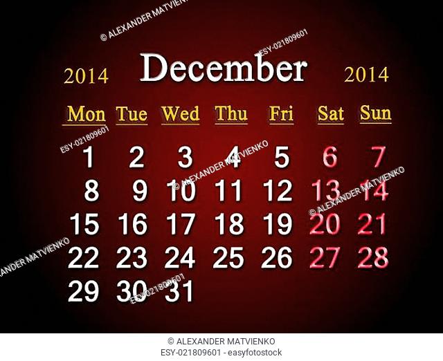 calendar for the December of 2014