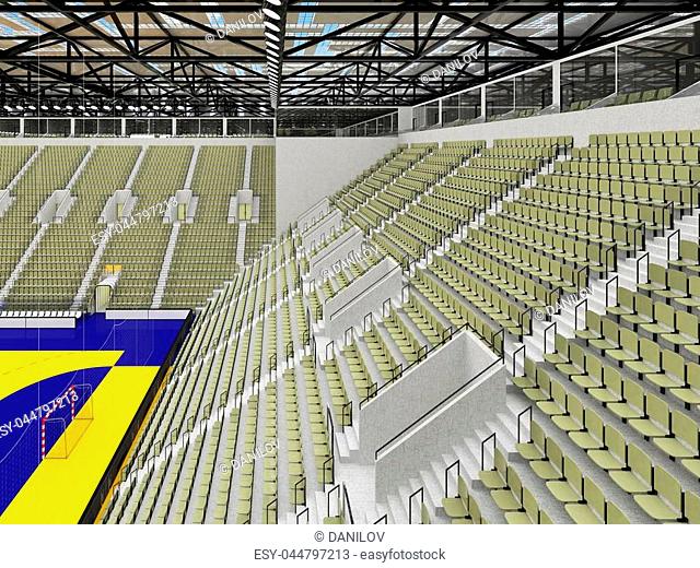 3D render of beautiful sports arena for handball with floodlights and gray olive green seats and VIP boxes for ten thousand people