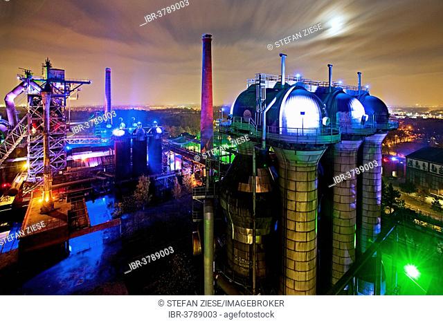 Landschaftspark Duisburg-Nord, public park on a former industrial site, illuminated at night with a full moon, view from blast furnace No 5, Duisburg