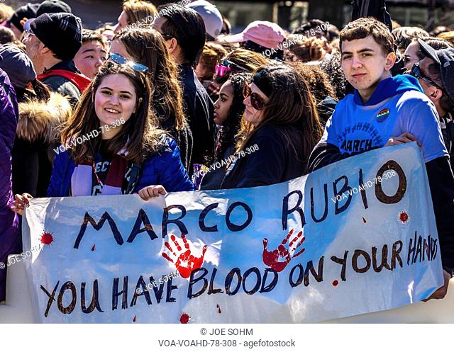 MARCH 24, 2018: Washington, D.C. hundreds of thousands protest against NRA and Marco Rubio on Pennsylvania Avenue during 'March for Our Lives' Rally
