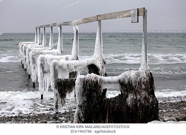 Svim jetty at winter season. Cold and covered with ice. Scandinavia