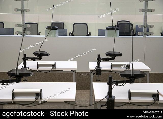 The accused box pictured during a press visit to the adapted Popelin session room at the Justitia building in Evere, Brussels on Wednesday 23 November 2022