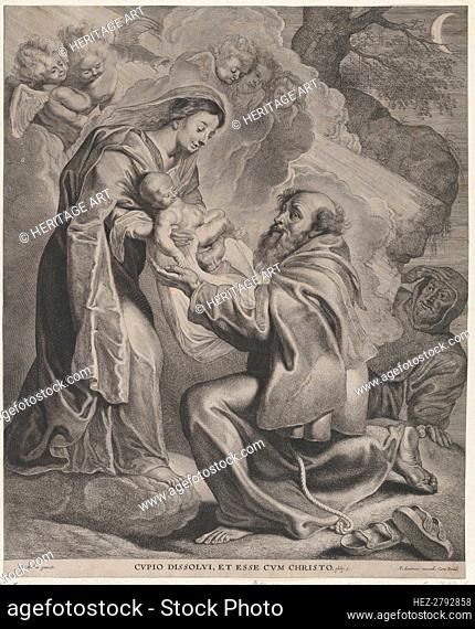The Vision of Saint Francis, kneeling at right, receiving the Christ child from the Virgin.., 1650. Creator: Cornelis de Visscher