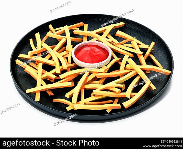 French fries with ketchup in the dish isolated on white background. 3D illustration