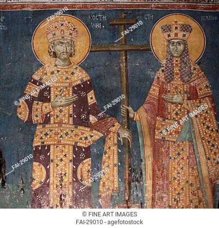 Exaltation of the Cross. Saints Constantine the Great and Helena by Anonymous /Fresco/Byzantine Art/1321-1322/Serbia/Gracanica Monastery