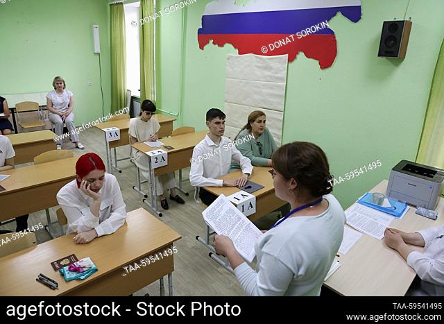 RUSSIA, SVERDLOVSK REGION - JUNE 1, 2023: Visually impaired students of the Verkhnyaya Pyshma boarding school named after Martirosyan take a Unified State Exam...