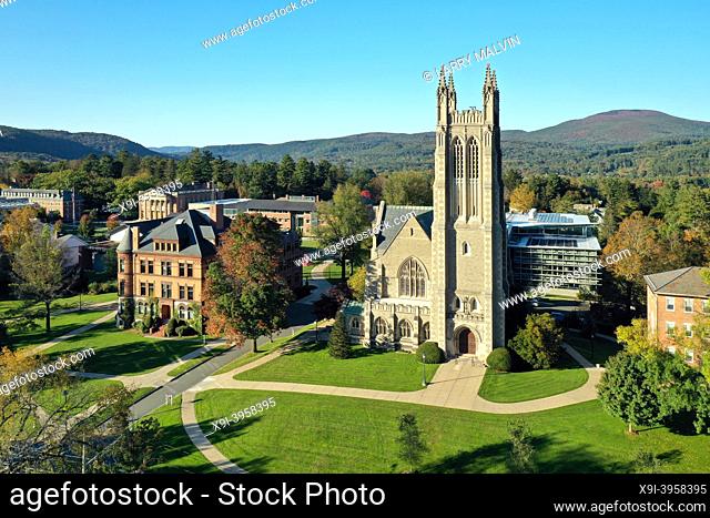Aerial view of the Thompson Memorial Chapel on the campus of Williams College in Williamstown, MA