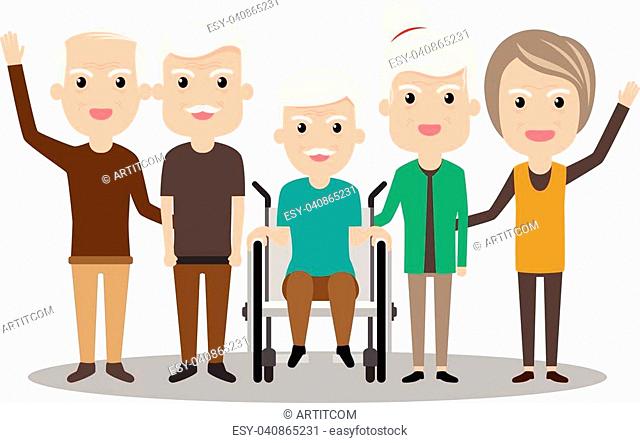Cartoon old people. Happy aged citizens, disabled senior on older  wheelchair and care seniors..., Stock Vector, Vector And Low Budget Royalty  Free Image. Pic. ESY-040934502 | agefotostock
