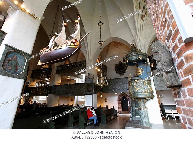 Finland, Southern Finland, Eastern Uusimaa, Porvoo, Historic Porvoo Cathedral, Interior, Pulpit, Model Sailing Ship, Tourists