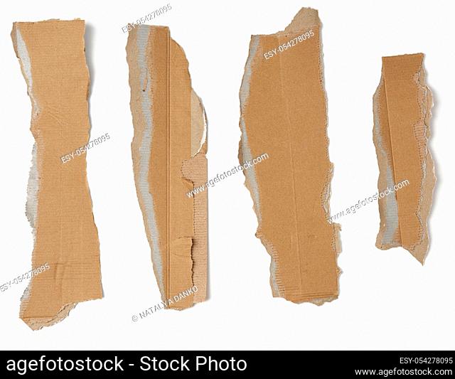 pieces of cardboard corrugated paper torn edges on a white background, abstract backdrop. Ripped paper texture