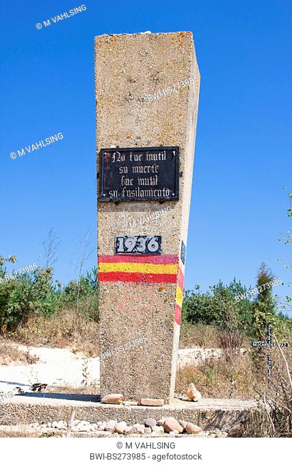 memorial stone at the top of the pass bettween Villafranca - Montes de Oca and San Juan de Ortega, Spain, Kastilien und Len, Burgos