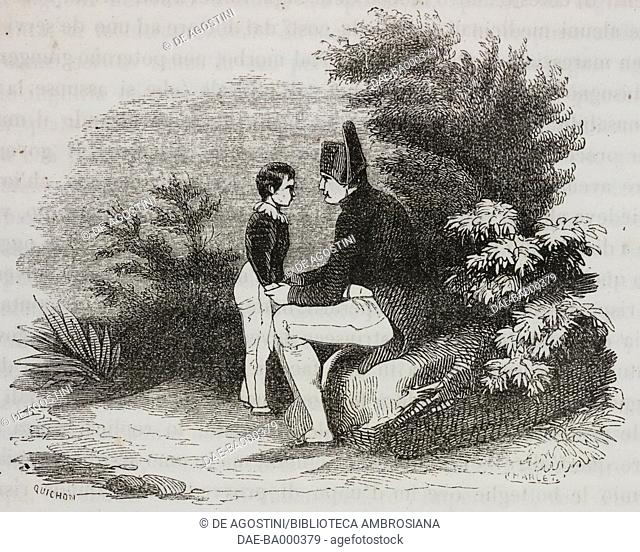 Napoleon Bonaparte speaking with Tristan, Madame de Montholon's son, St Helena Island, 11 July 1816, illustration from the first Italian edition of The Memorial...