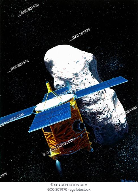 An artist's rendering of the the Near Earth Asteroid Rendezvous NEAR spacecraft's rendezvous with the asteroid Eros. Upon arrival