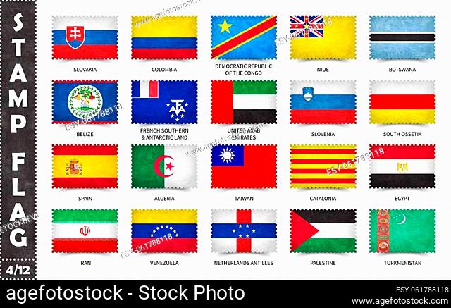 Stamp with official country flag pattern and old grunge texture and countries name. Rectangle shape. Vector. Set 4 of 12 on this series ( All national flags of...