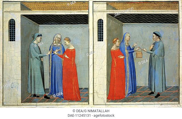 Predella with Stories of the Sacra Cintola: marriage of Michael receiving a dowry of the Sacra Cintola, by Bernardo Daddi (1290-1348)