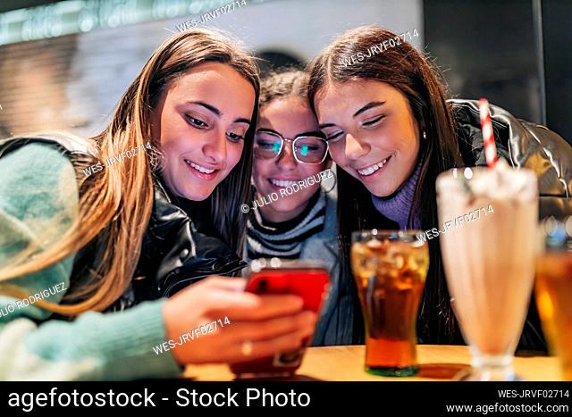 Smiling young women sharing smart phone in cafe