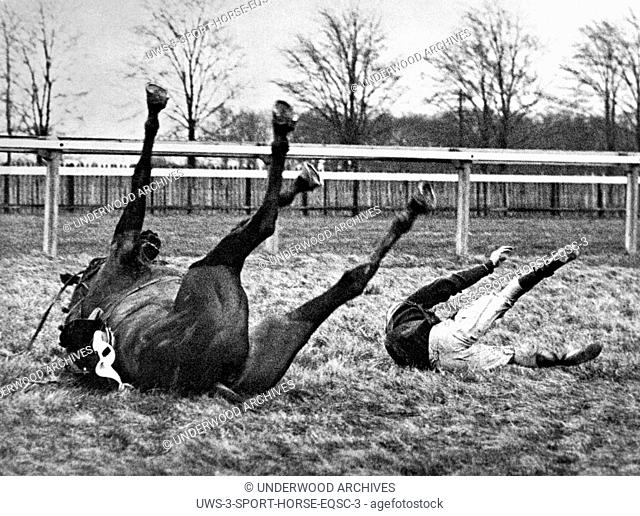 Gatwick, England: February 13, 1937.Both horse and rider find themselves in similar positions after a spill in the Brook Steeplechase