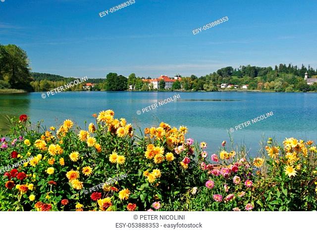 """""Klostersee"" (Monastery lake) and ""Kloster Seeon"" (Monastery Seeon), Chiemgau, Upper Bavaria, Germany