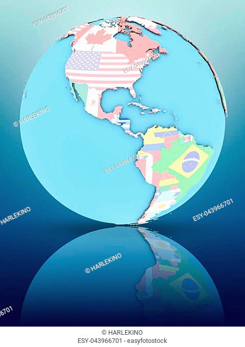 Honduras on political globe with national flags on reflective surface. 3D illustration