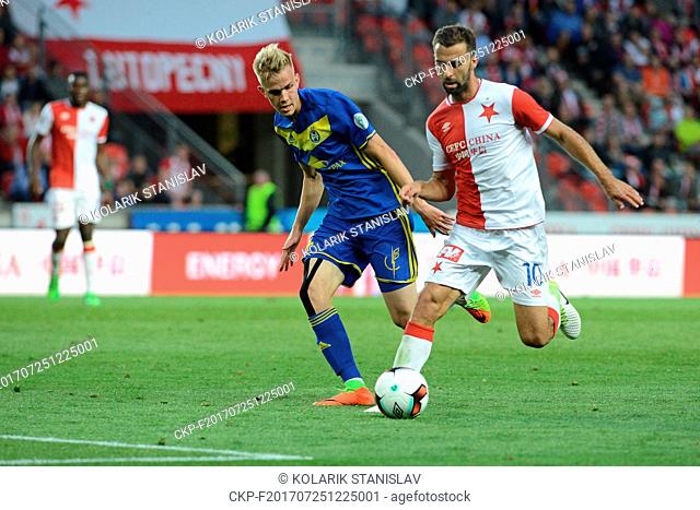 L-R Jasse Tuominen (BATE) and Josef Husbauer (Slavia) in action during the third qualifying round match within UEFA Champions League between SK Slavia Praha and...