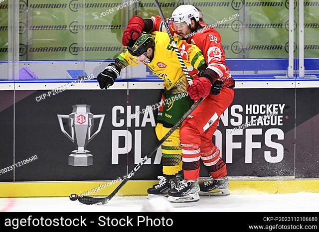 Arttu Pelli of Tampere, left, and Tomas Hyka of Pardubice in action during the Ice Hockey Champions League playoffs, 2nd leg return game Pardubice vs Ilves...