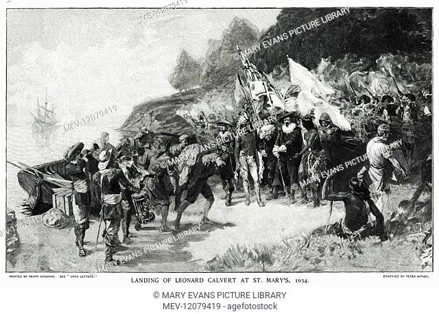 The landing of Leonard Calvert, the first governor of Maryland, at St. Mary's City, the first English settlement and colony in the Maryland area