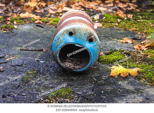 Funny shape of metal container in Pripyat ghost city of Chernobyl Nuclear Power Plant Zone of Alienation around nuclear reactor disaster in Ukraine
