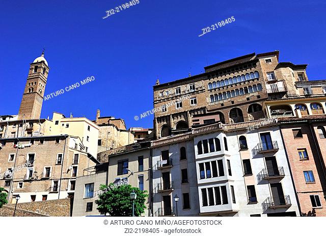 View with tower of Saint Mary Magdalene and Episcopal Palace, Tarazona, Zaragoza province, Spain
